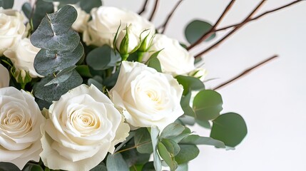 Obraz premium Delicate White Roses with Eucalyptus Leaves