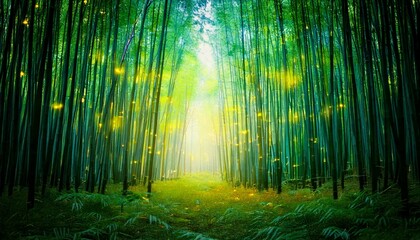 Obraz premium 夜の竹林でホタルが飛ぶ自然風景 生成AI画像 