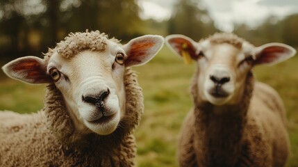 Obraz premium Two curious sheep in a grassy field, showcasing rural life and animal interaction.