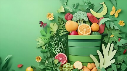 Layered paper cut style compost bin filled with vibrant fruits  vegetables  and garden plants  creating a visually striking representation of waste reduction and sustainable living