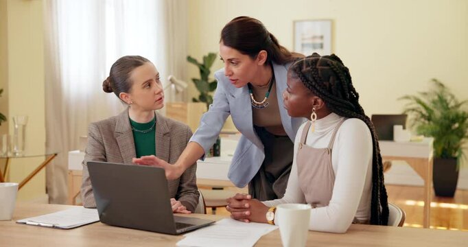 Business, women and meeting with laptop at office for update, report and feedback on project as interior designer. Employees, manager and explanation with interns for creativity and training