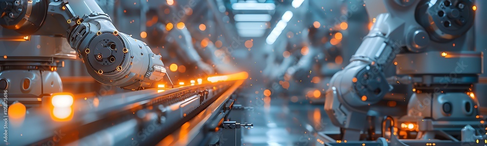 Aufkleber a futuristic manufacturing scene featuring robotic arms working on an assembly line, illuminated wit
