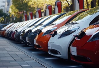 Fototapeta premium Line of Electric Cars Charging Outdoors
