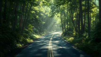 Obraz premium Aerial view of a road in the middle of the forest. 