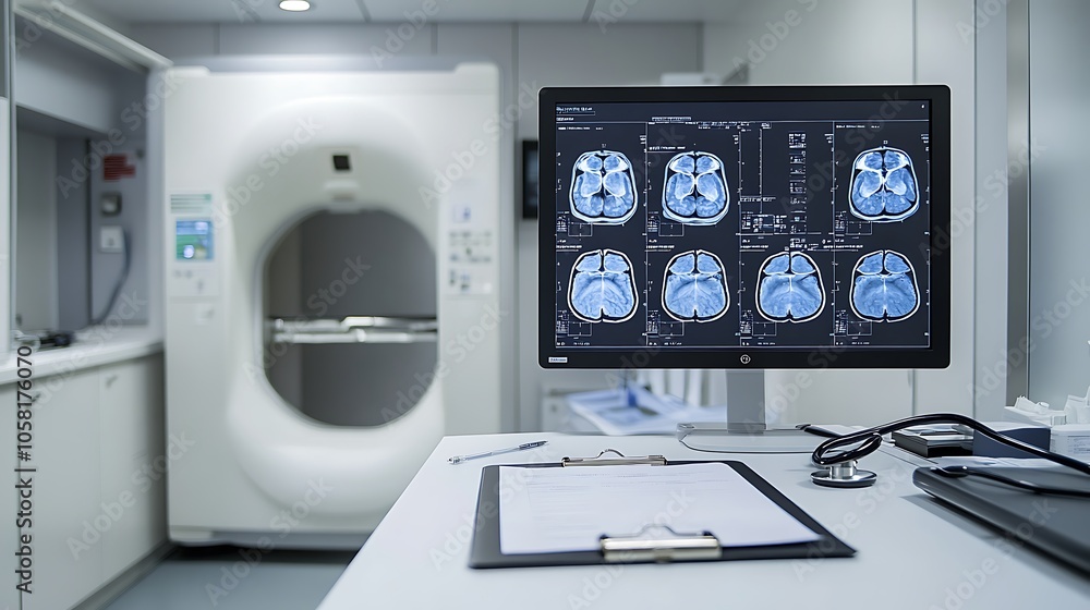 Poster medical imaging room with a monitor displaying ct scan images and a scanner in the background.