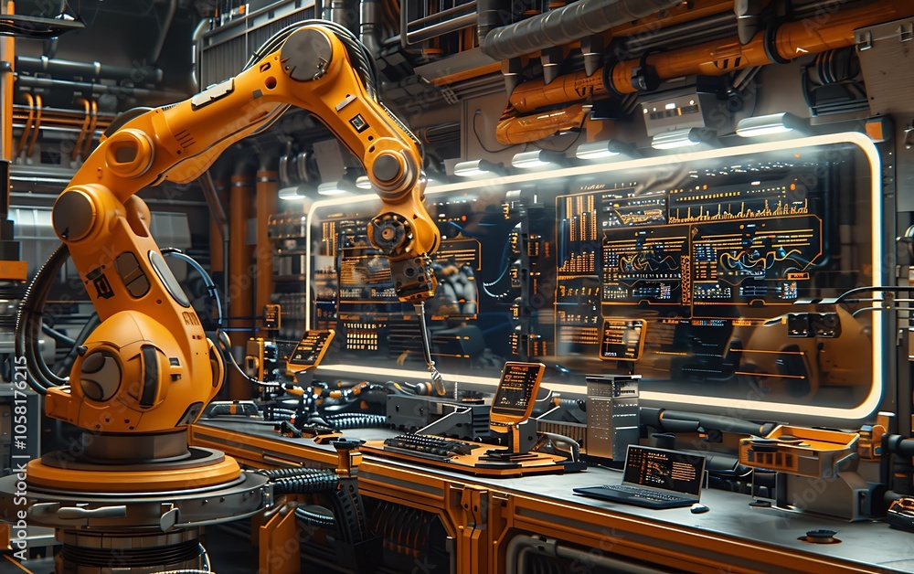 Poster a robotic arm works in a futuristic industrial setting, surrounded by advanced machinery and tools, 