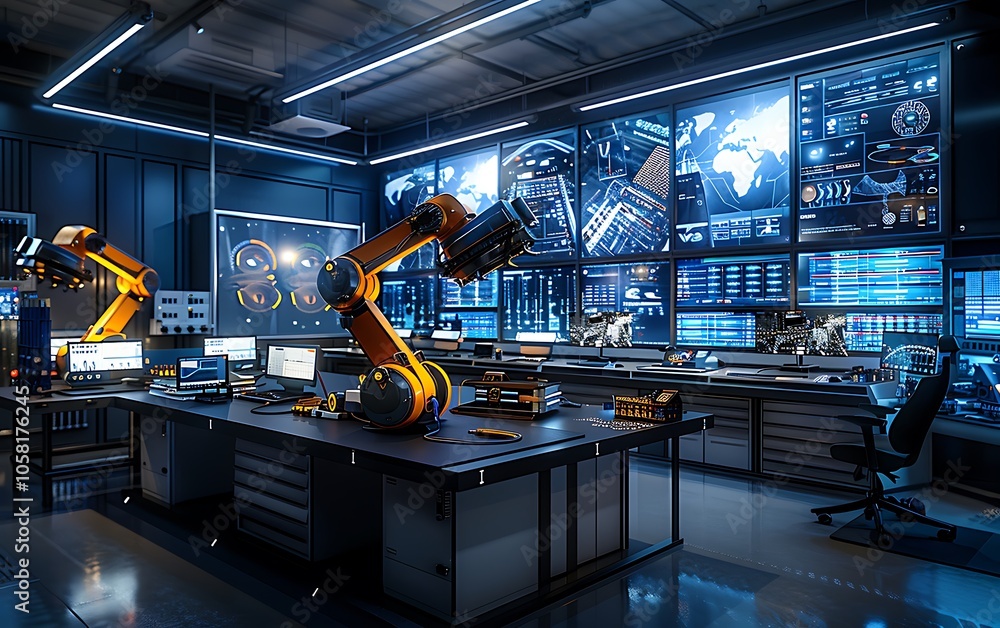 Poster A futuristic robotics lab featuring advanced machinery, computer screens, and automated arms in a high-tech environment.