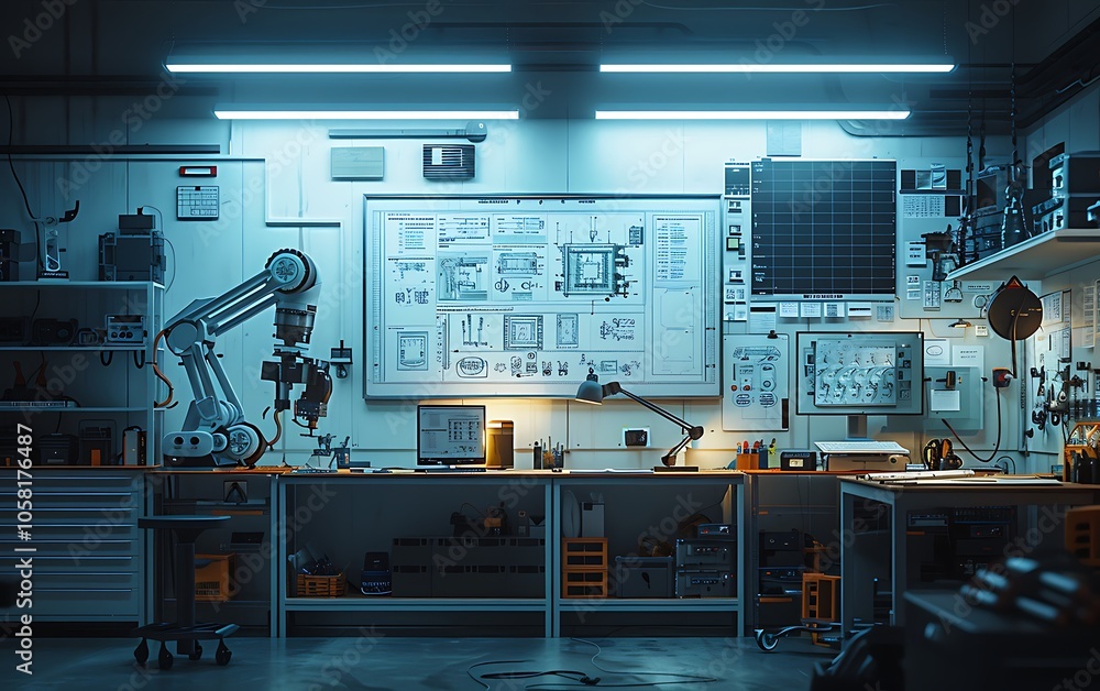 Poster a well-lit workshop featuring tools, schematics, and a robotic arm, showcasing a blend of technology