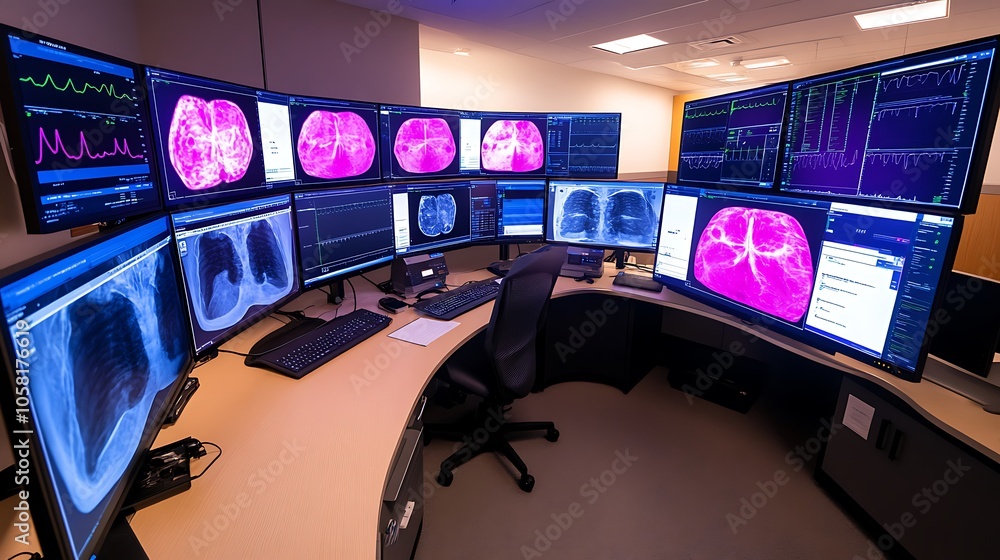 Poster a high-tech medical imaging workstation with multiple screens displaying diagnostic images.