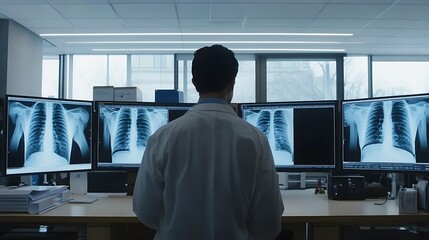 A medical professional examines multiple X-ray images on large screens in a clinical setting.