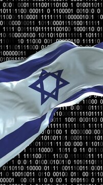Israel flag - 3D realistic waving flag on matrix digital background with binary code