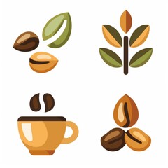 Simple Vector Coffee Bean Icons Flat Design Transparent Background Brown on White No Shadows Vector Graphics Line Art Illustration Flat Style Different Artist Designs 2D Set of Four Icons