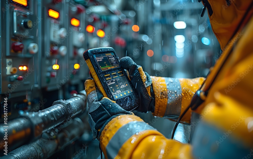 Poster a worker in a waterproof jacket operates a smartphone amidst industrial machinery and control panels