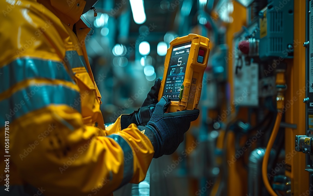 Aufkleber A worker in a yellow jacket checks a digital device in a high-tech industrial environment, emphasizing safety and precision.