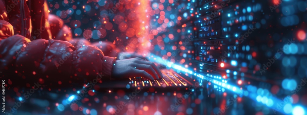 Poster Digital Designer Creating Website on Laptop in Server Room Data Center with Hologram Background, Digital Twin, Virtual Realities Concept