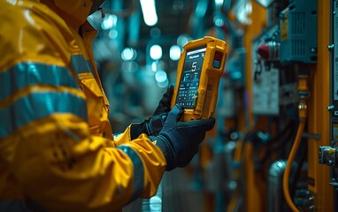 A worker in a yellow jacket checks a digital device in a high-tech industrial environment, emphasizing safety and precision.