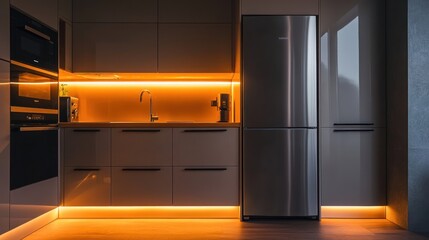 Fototapeta premium Modern kitchen with sleek design and ambient lighting.