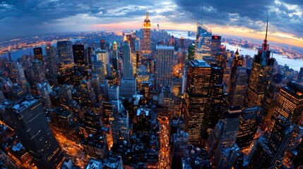 Cityscape at Sunset with Skyscrapers and Warm Colors