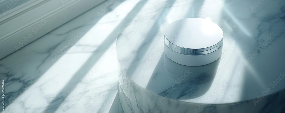 Poster a white object sits on a marble table. the table is in a room with a window, and the sunlight is shi