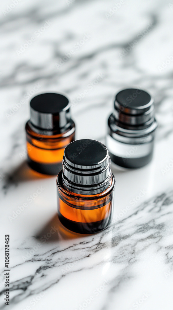 Poster three bottles of perfume are lined up on a marble countertop. the bottles are of different sizes and