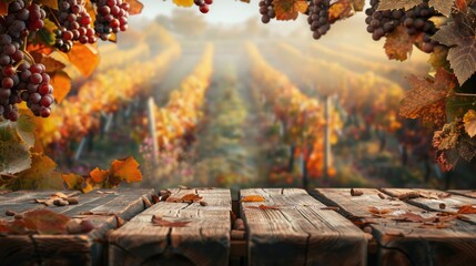 Obraz premium Autumn vineyard landscape with a brown wooden table for product display mockup, winery concept photography.