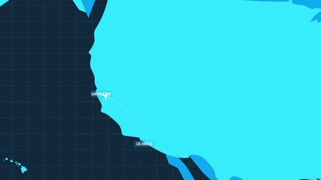 Los Angeles to San Francisco flight route 4k Animation with plane and map. USA domestic flight from LA to san Francisco concept