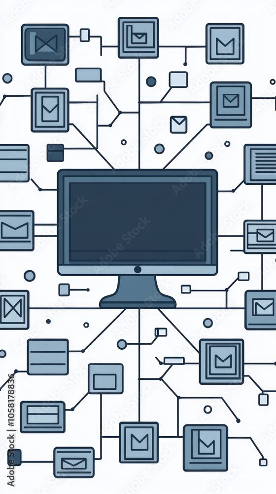 Poster a computer monitor with a large number of emails and messages displayed on it. the image is of a com