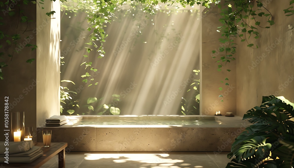 Poster a serene bathroom illuminated by natural light, surrounded by lush greenery and soft textures, creat