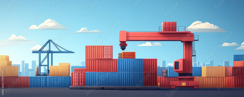 Poster a red crane is lifting a container from a stack of containers. the scene is set in a port with a blu