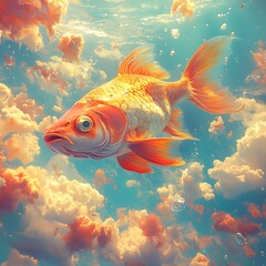 A single goldfish swims through a sky of clouds.