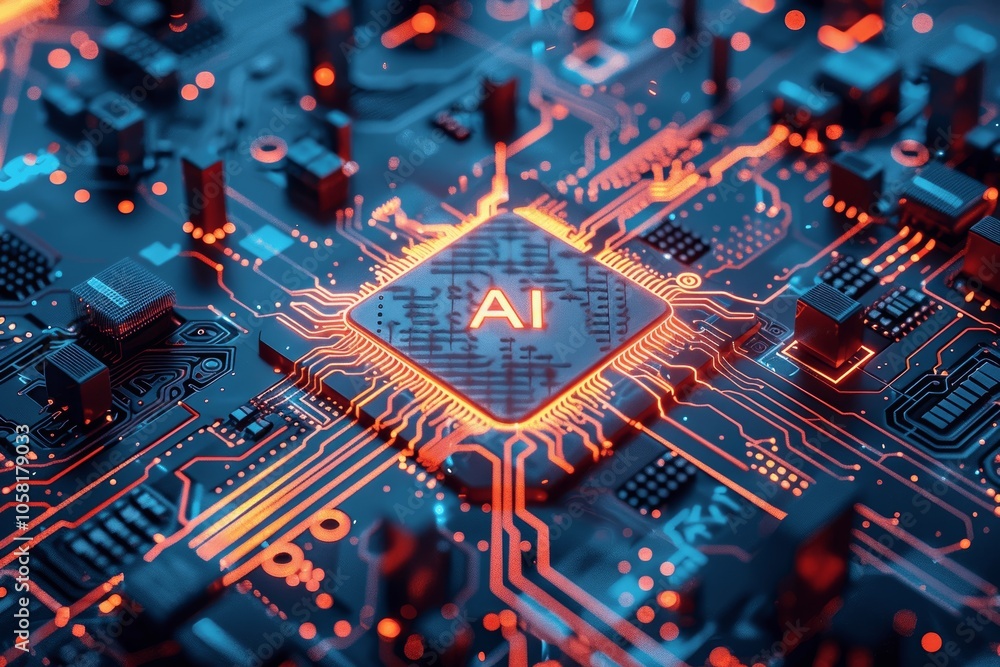 Poster High-Tech AI Processor on Chip with Circuit Board Background and Red Orange Lighting Effects