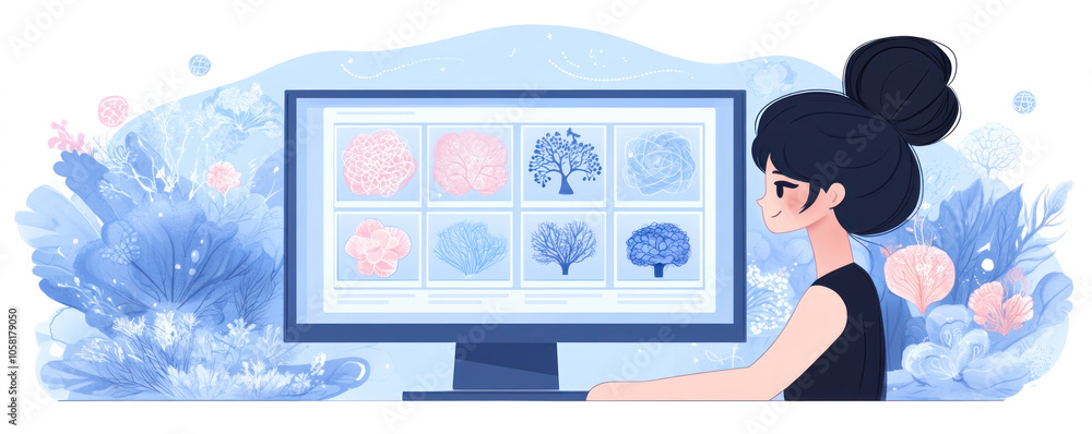 Poster a woman is sitting in front of a computer monitor with a blue background. she is looking at a screen