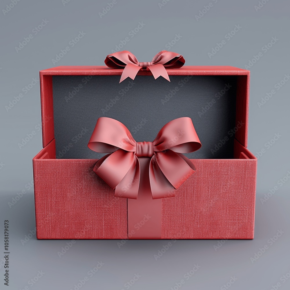 Poster 3d red gift box with bow on grey background front view open present box minimalist design