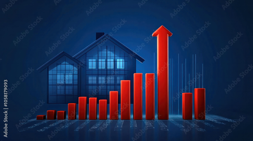 Poster a house is shown with a red arrow pointing upwards. the house is surrounded by a series of red bars 