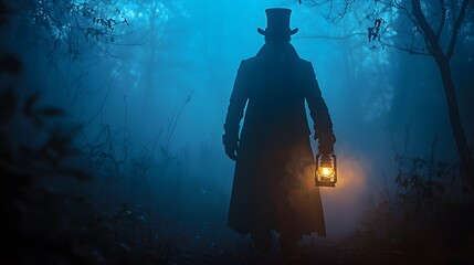 Fototapeta premium Silhouette of a mysterious figure with a lantern in a foggy forest.