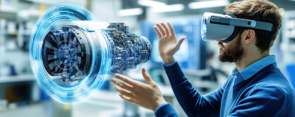 A man is wearing a virtual reality headset and is interacting with a blue and white engine. Concept of excitement and wonder as the man explores the engine in a virtual environment