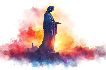 Colorful watercolor of Grace virgin Mary statue, religious design art