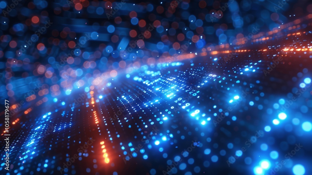 Fototapete Abstract Binary Code Background with Glowing Lines and City Lights - Concept of Big Data Cyber Security Technology