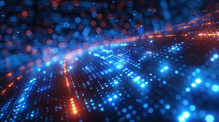 Abstract Binary Code Background with Glowing Lines and City Lights - Concept of Big Data Cyber Security Technology