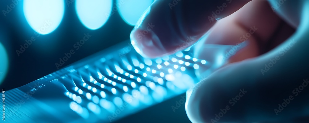 Poster a hand holds a transparent device with illuminated patterns, likely for scientific analysis.