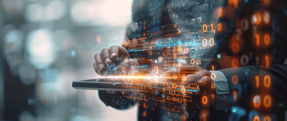 Businessman Designing Mobile App UX UI with Tablet and Hologram in Office, Digital Software Technology Development, Agile Methodology, Computer Code, Planning Prototype Wireframe