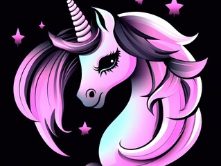 Enchanting Pastel Unicorn with Flowing Mane and Cosmic Stars on Black Background