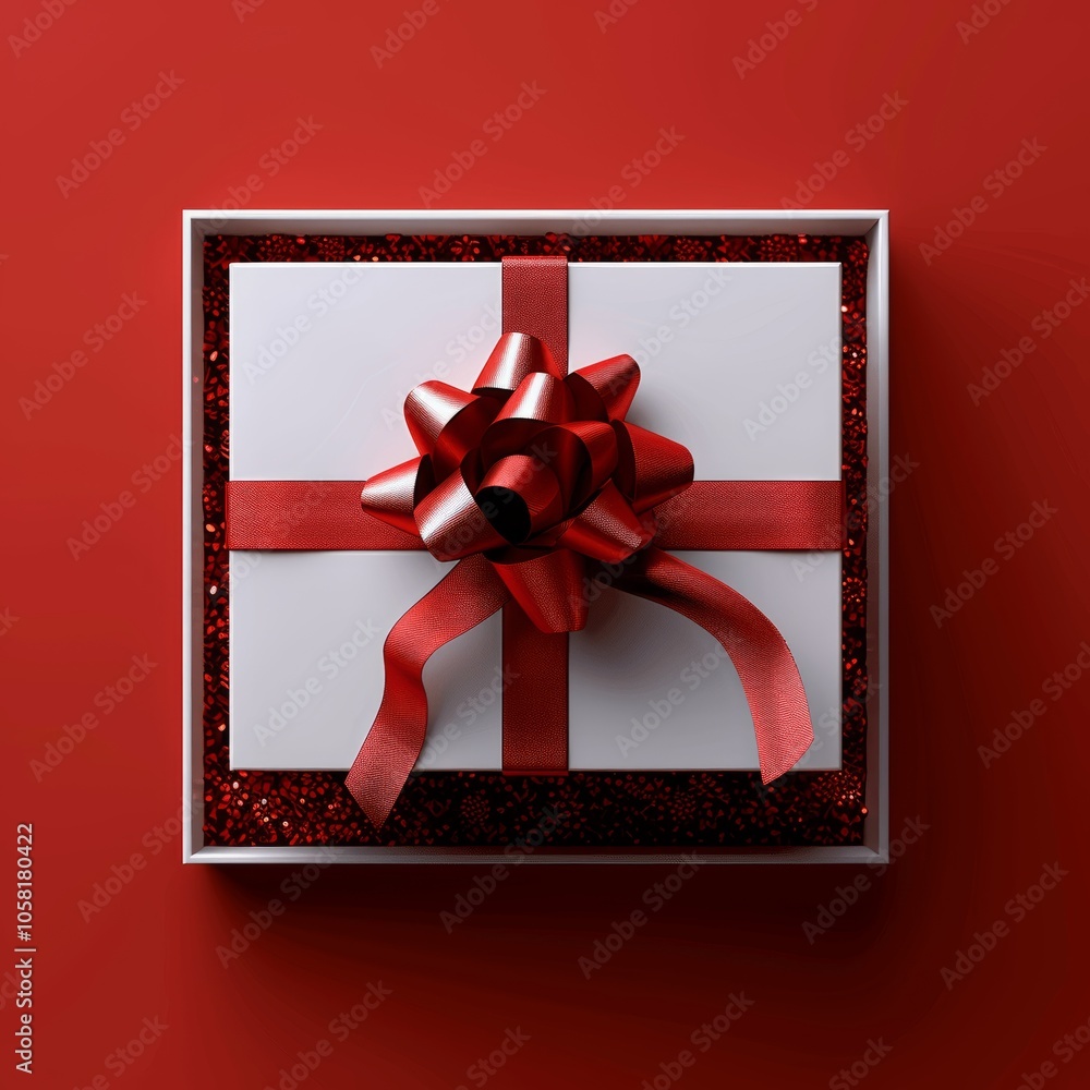 Poster open white gift box with red ribbon bow from above on red background 3d rendering professional photo