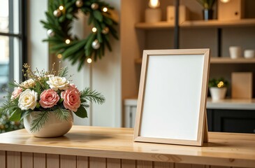 florist shop, a flower shop decorated for Christmas, with a frame with a white background, for text, offers, discounts. Mockup.Blank frame on a marble table