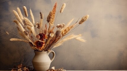 Rustic bouquet of dried flowers and autumn leaves in a cozy kitchen setting with warm natural light and vintage home decor
