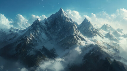 Naklejka premium rugged mountain range with clouds casting shadows, showcasing majestic peaks and serene atmosphere. beauty of nature is truly captivating