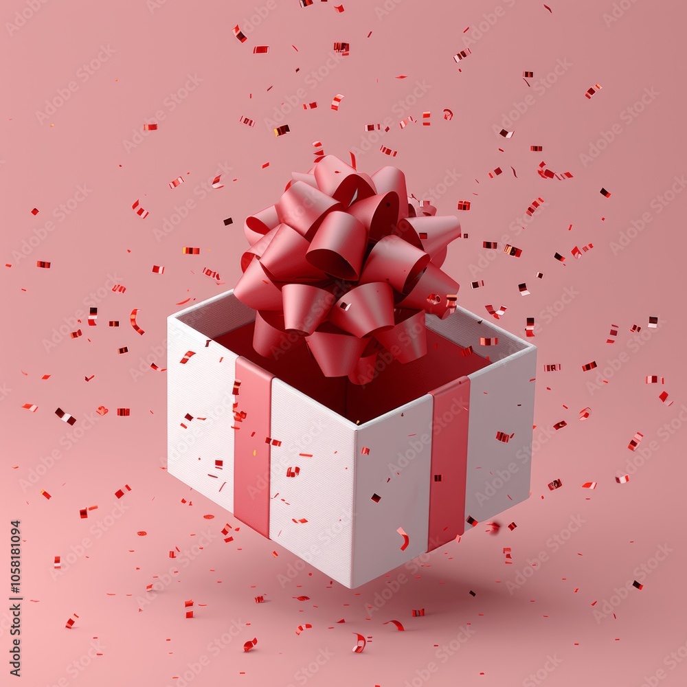 Poster open white gift box with red ribbon bow on pink background in minimal isometric view
