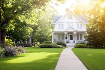 Fototapeta premium A charming white house surrounded by vibrant gardens and lush greenery in the warm afternoon sunlight