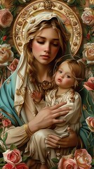Fototapeta premium Divine Mother Mary with Baby Jesus in Floral Surroundings, Baroque Style, Pastel Colors, Golden Halo