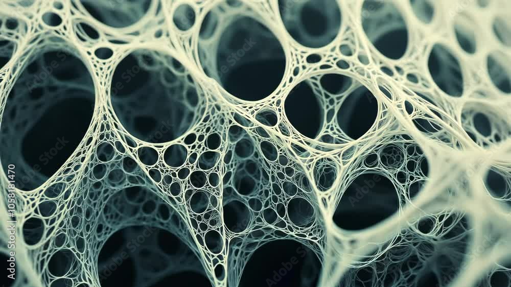 Poster a close-up view of a complex, intricate network of interconnected circles, resembling a spider web